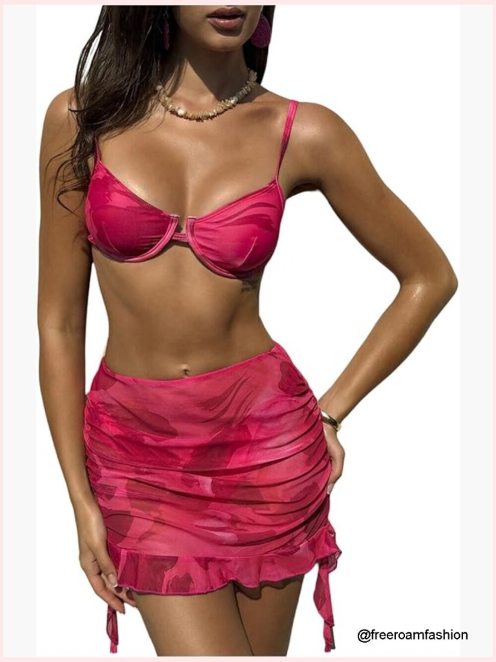 3 Piece Swimsuit Set with Thong Bikini and Ruffle Cover Up Skirt